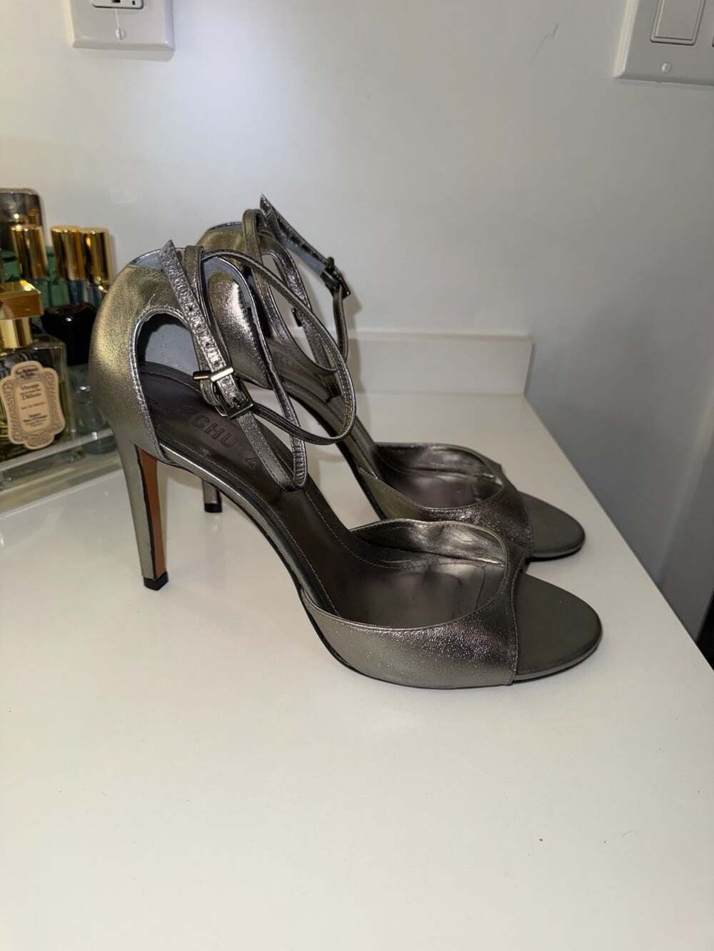 Schutz Metallic Silver Ankle Strap Stiletto Heels Size 9.5B